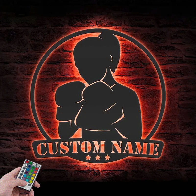Custom Name Woman Boxer Female Name Sign Home Decor Gym Room, Metal Wall Signs With RGB Led Light