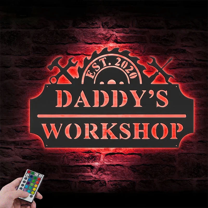 Custom Name Workshop Name Sign Home Decor Mechanic Repair Metal Wall Signs With RGB Led Light