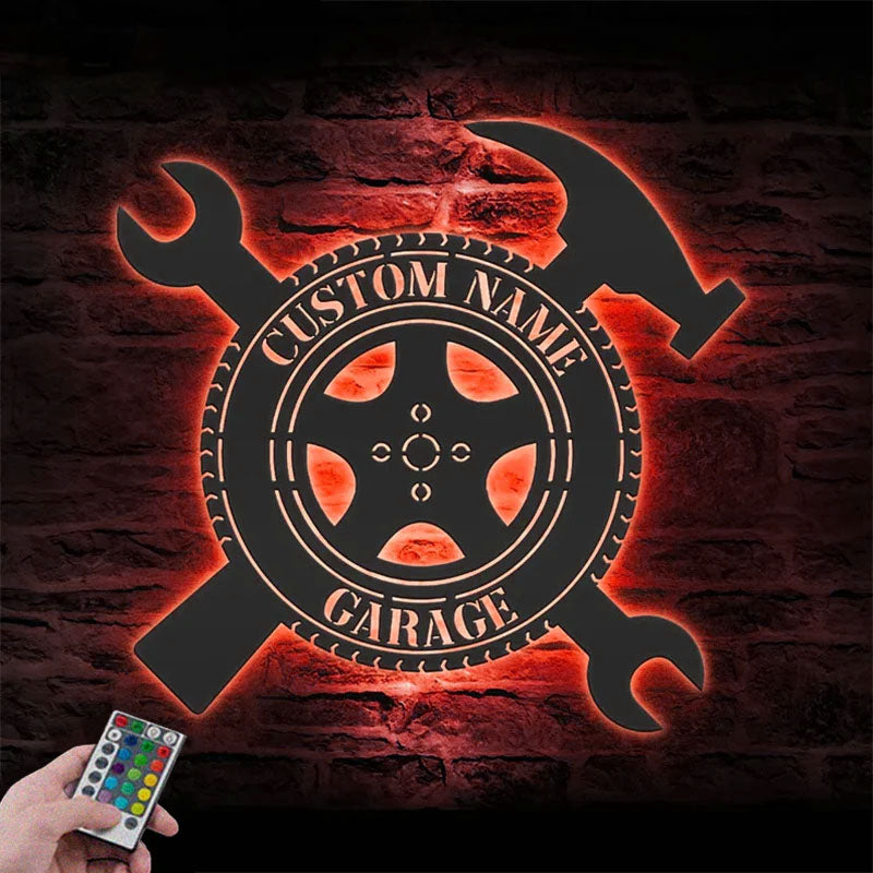 Custom Name Workshop Name Sign Home Decor Mechanic Repair Metal Wall Signs With RGB Led Light