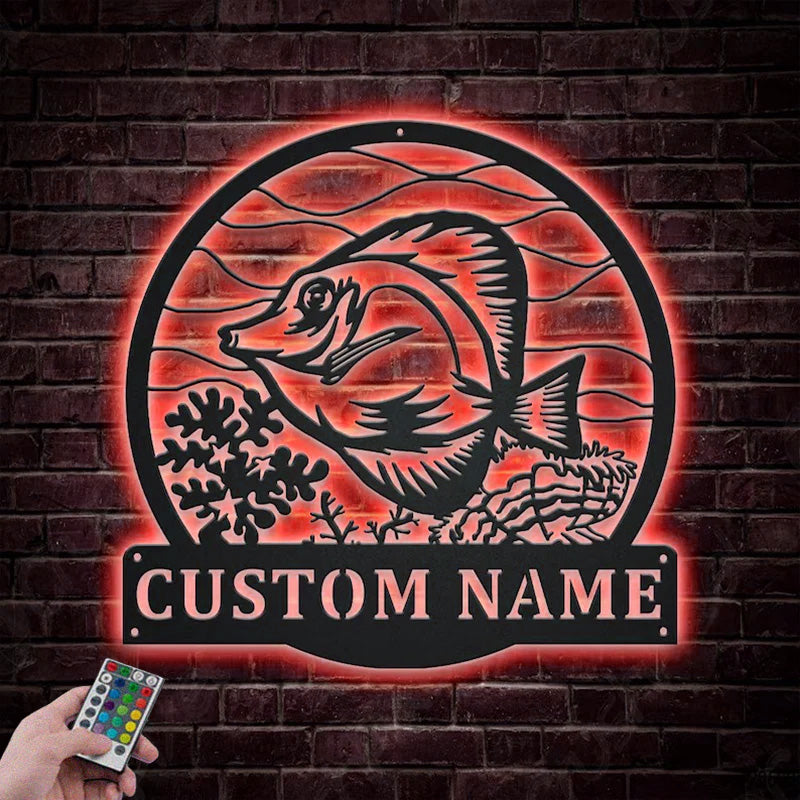 Custom Name Yellow Tang Fish Metal Wall Signs With RGB Led Light