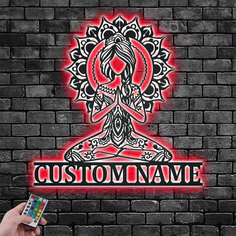 Custom Name Yoga Girl Mandala Metal Wall Signs With RGB Led Light