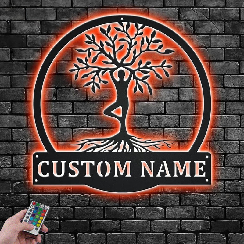 Custom Name Yoga Tree Of Life Metal Wall Signs With RGB Led Light