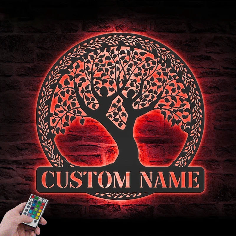 Custom Name Yoga Tree Of Life Metal Wall Signs With RGB Led Light
