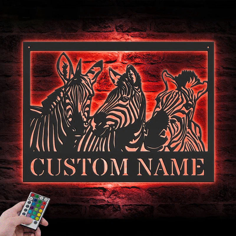 Custom Name Zebra Lover Name Sign Home Decor Metal Wall Signs With RGB Led Light
