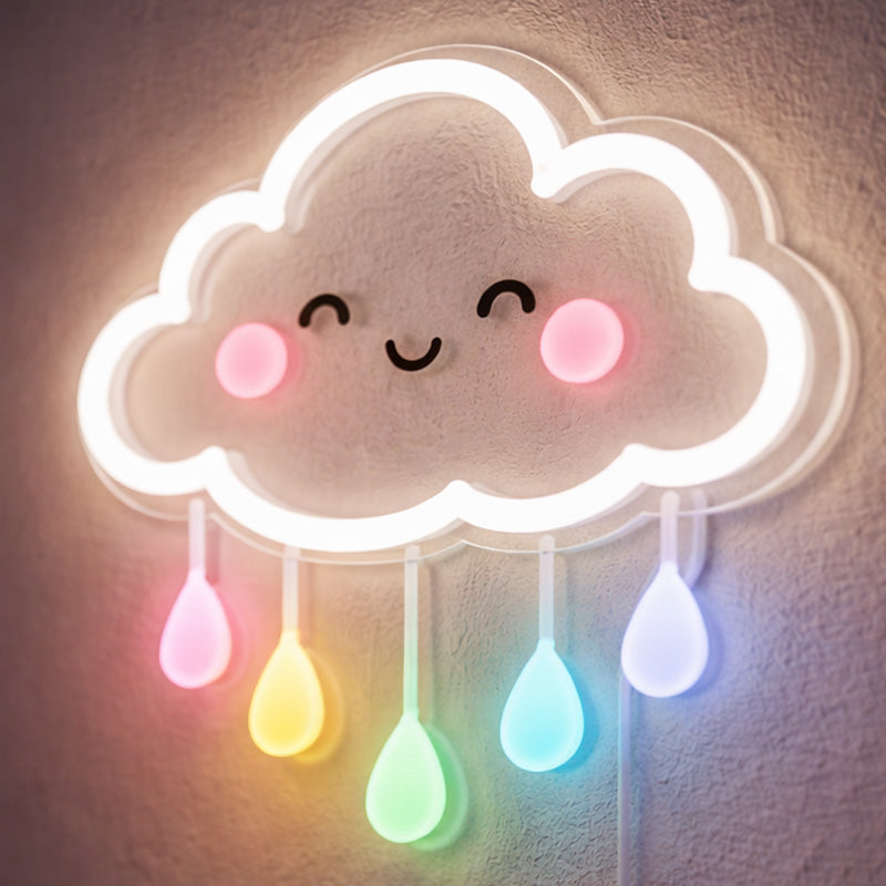 Cute Smiling Cloud Neon Sign with Rainbow Raindrops – LED Wall Light for Kids Bedroom & Nursery