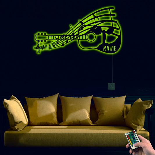 12"x12" Guitar I Love Music Personalized - Led Light Metal - Owls Matrix LTD