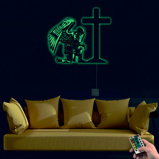 12"x12" Soldier Kneeling At Cross - Led Light Metal - Owls Matrix LTD