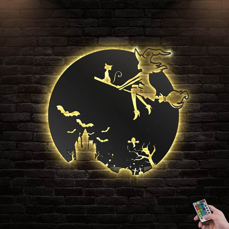 12"x12" Halloween Girl Witch Cat - Led Light Metal - Owls Matrix LTD