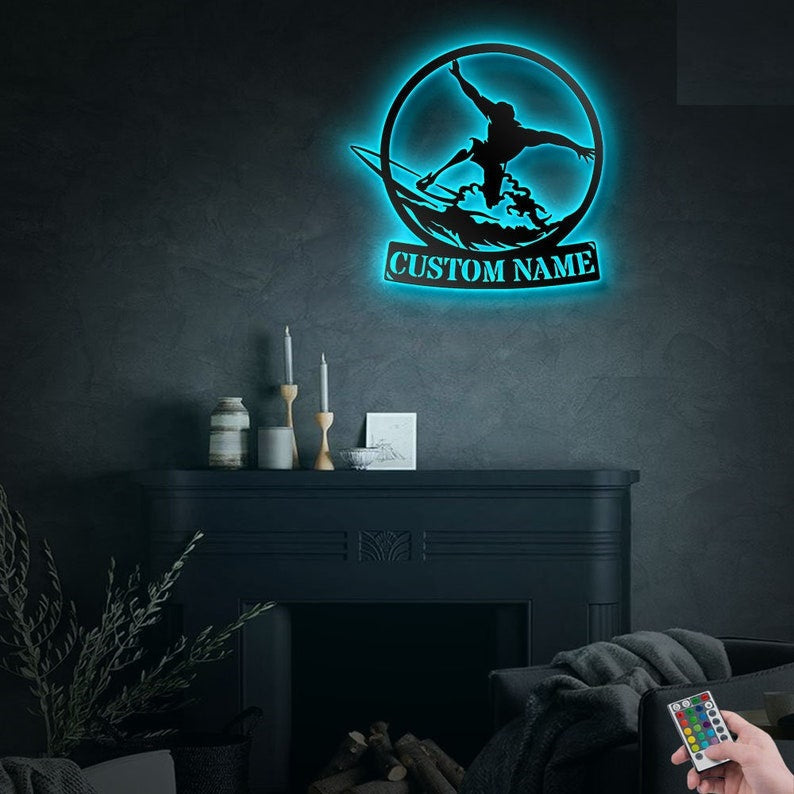 12"x12" Wave Surfing Personalized - Led Light Metal - Owls Matrix LTD