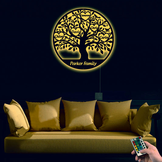 12"x12" Tree Of Life Birds Family Names Personalized - Led Light Metal - Owls Matrix LTD