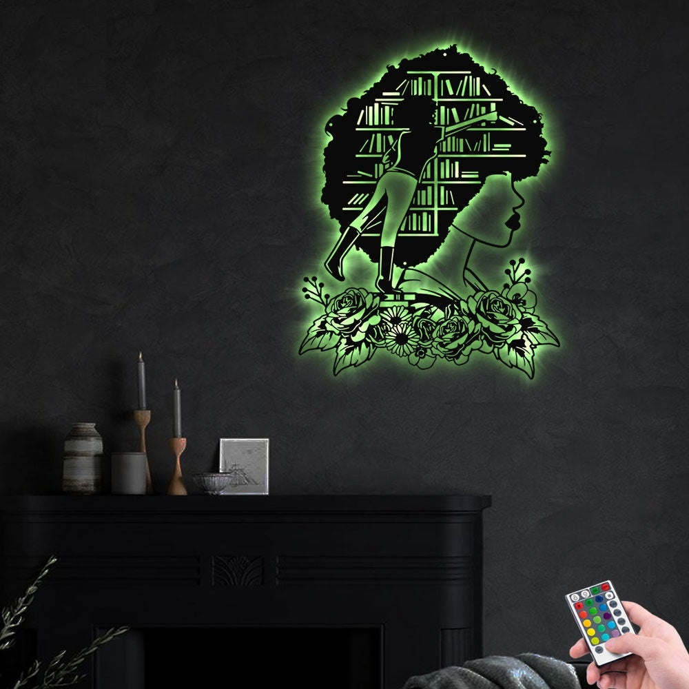 12"x12" Afro Black Women Book Lover - Led Light Metal - Owls Matrix LTD