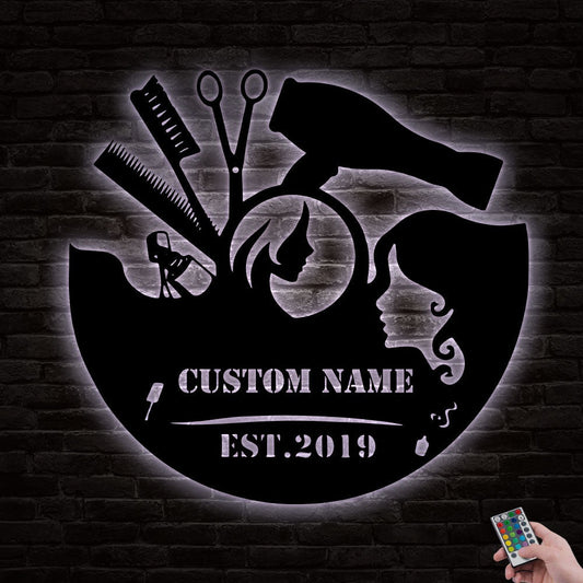 12"x12" Hair Salon In Life Personalized - Led Light Metal - Owls Matrix LTD