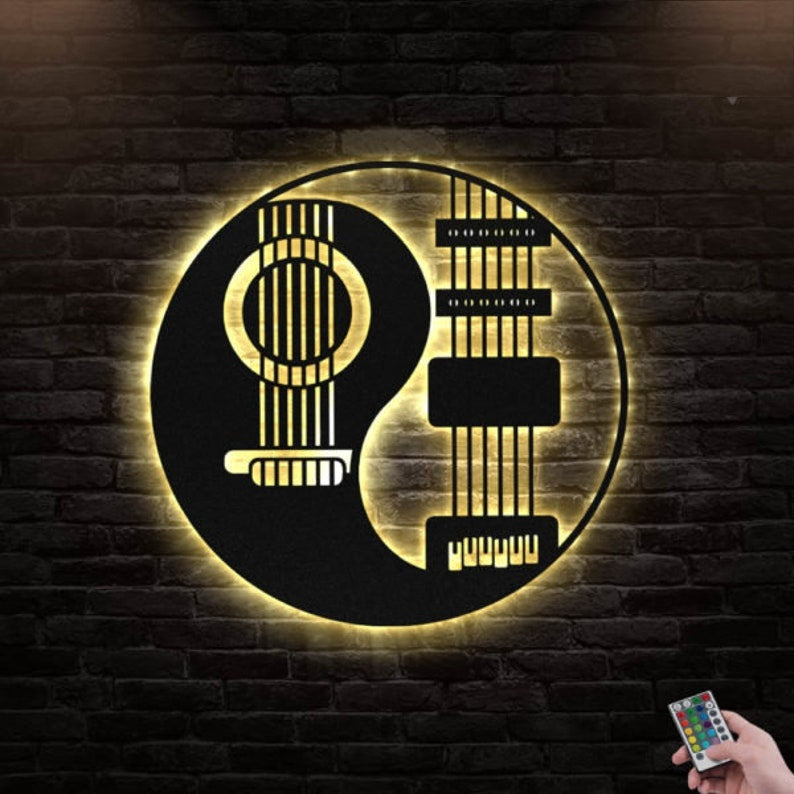 12"x12" Guitar Yin Yang - Led Light Metal - Owls Matrix LTD