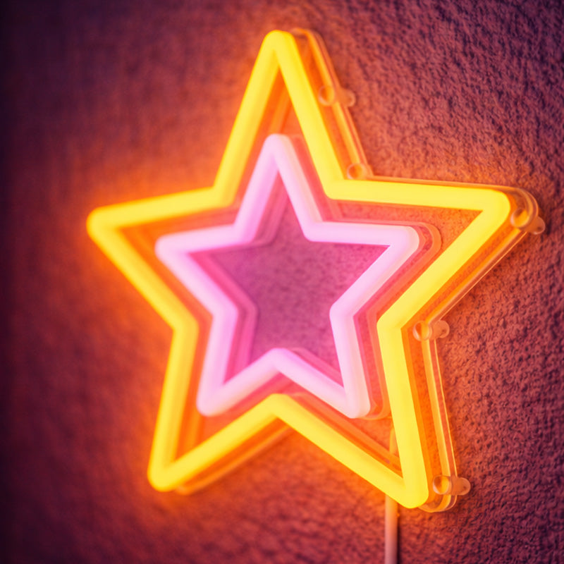 Double Star Neon Sign – Warm Yellow & Pink LED Wall Light for Cozy Bedroom Decor
