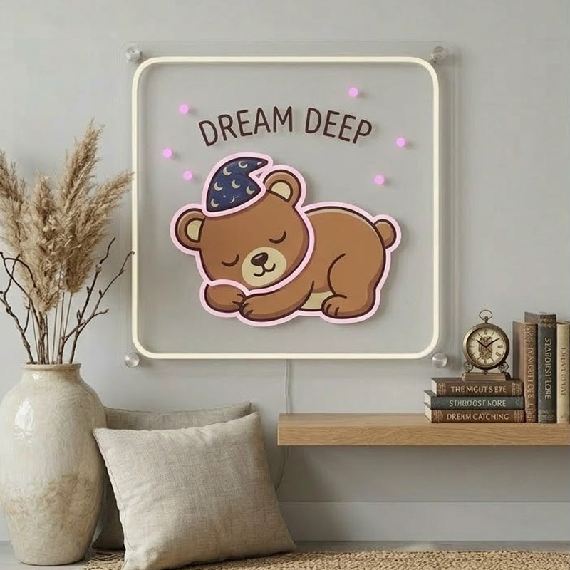 Dream Deep Sleeping Bear Neon Sign – Cute Cozy LED Wall Decor for Bedroom & Nursery