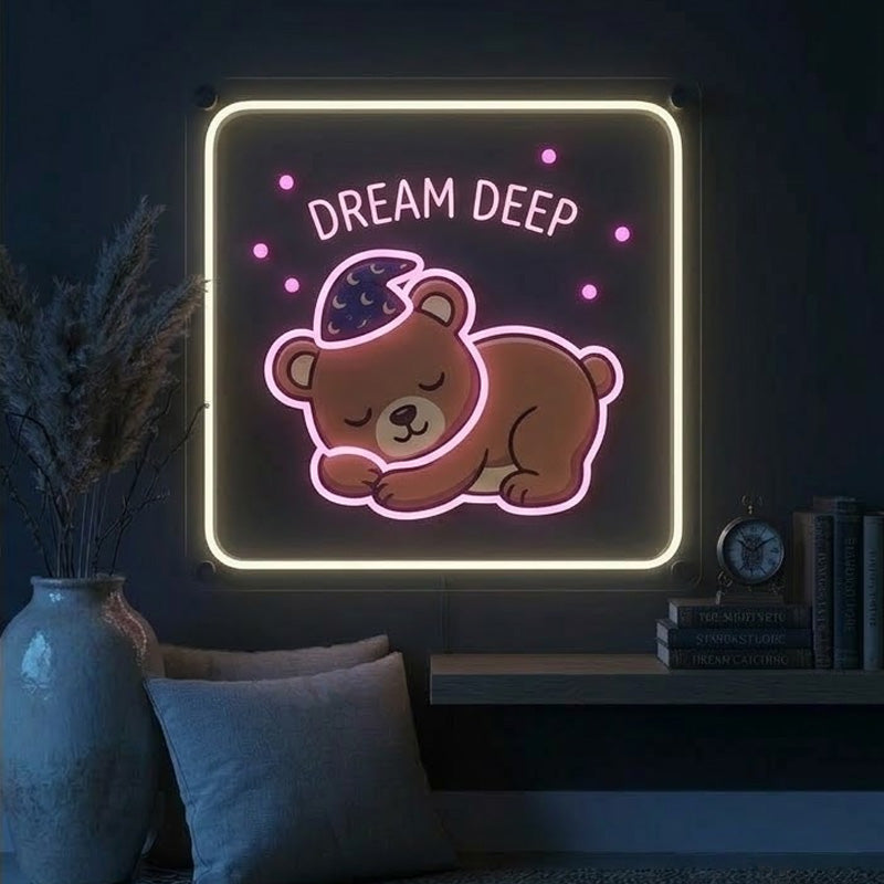 Dream Deep Sleeping Bear Neon Sign – Cute Cozy LED Wall Decor for Bedroom & Nursery