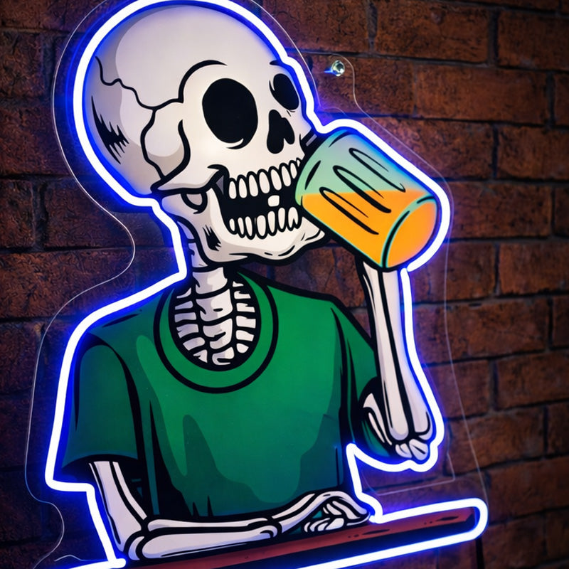 Drinking Skeleton Neon Sign – Funny Halloween LED Wall Decor