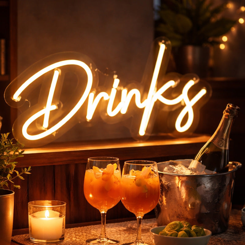 Drinks Neon LED Sign – Stylish Script Bar Light for Home Bar, Kitchen, Café & Party Decor
