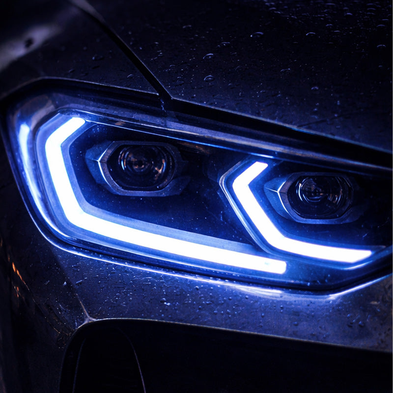 Dual Panel Blue LED Headlight Car Wall Art – Cinematic Automotive Canvas Print