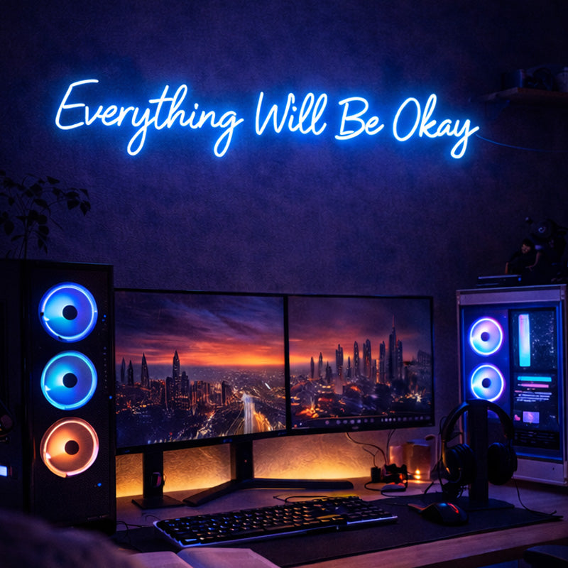 Everything Will Be Okay – Inspirational Neon Quote for Creative Workspaces