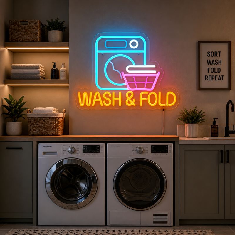 Funny Laundry Room Neon Sign - Wash & Fold LED Decor