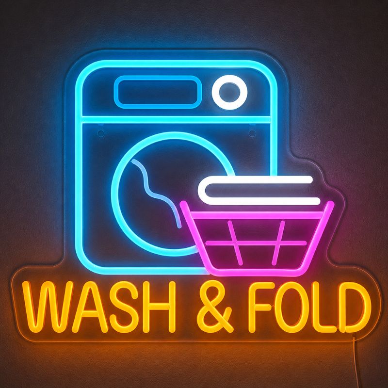 Funny Laundry Room Neon Sign - Wash & Fold LED Decor