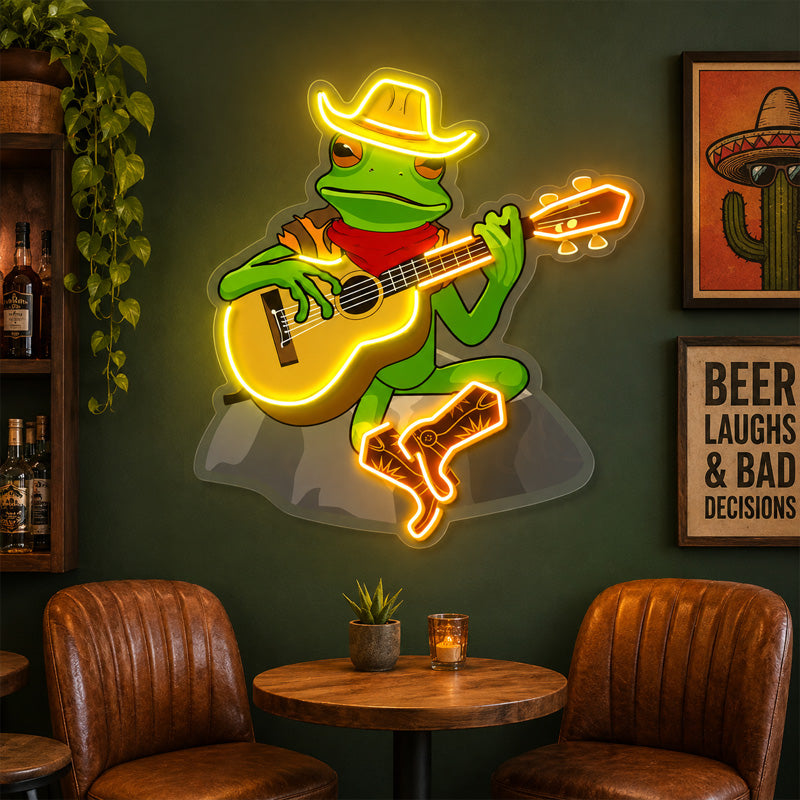 Funny Neon Sign - Cowboy Frog Guitar LED Wall Decor
