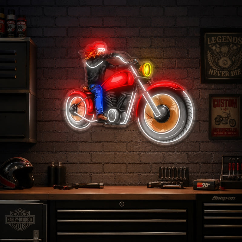 Garage Neon Sign - Motorcycle Rider LED Wall Decor