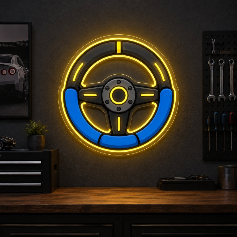 Garage Neon Sign - Steering Wheel LED Decor for Shops