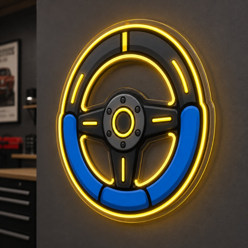 Garage Neon Sign - Steering Wheel LED Decor for Shops