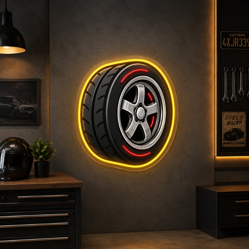 Garage Neon Sign - Tire Wheel LED Wall Decor for Shops