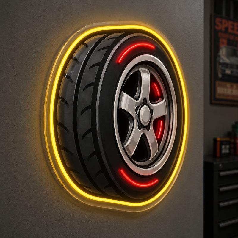Garage Neon Sign - Tire Wheel LED Wall Decor for Shops