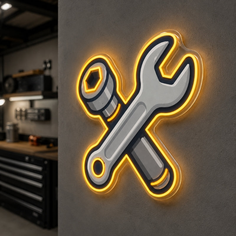 Garage Neon Sign - Wrench and Spark Plug LED Decor