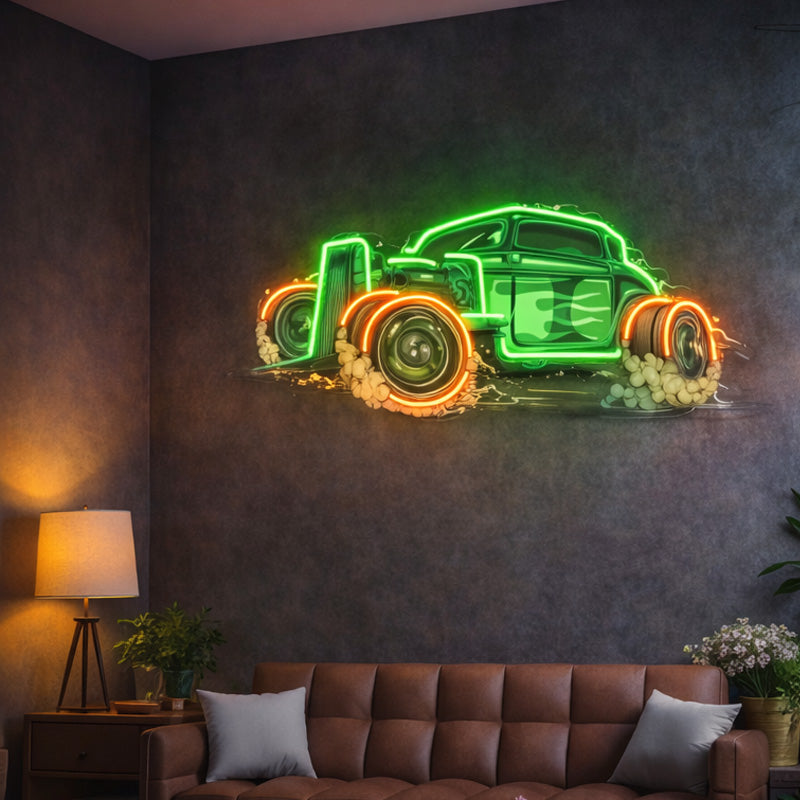 Green Neon Hot Rod Wall Sign – Retro Custom Car LED Artwork