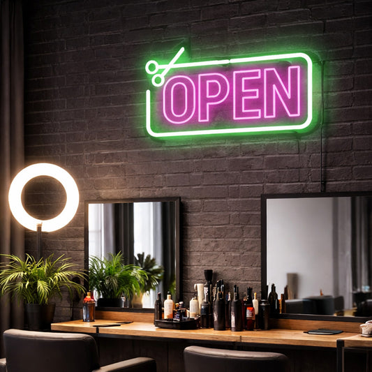 Hair Salon Neon Sign Open – LED Open Scissors Light
