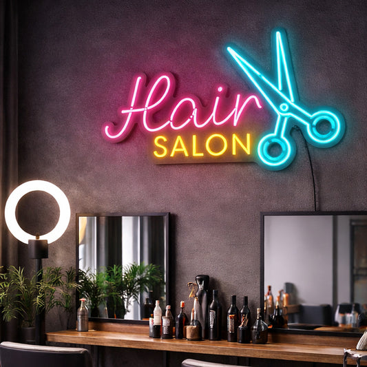 Hair Salon Neon Sign Open – LED Scissors Wall Light
