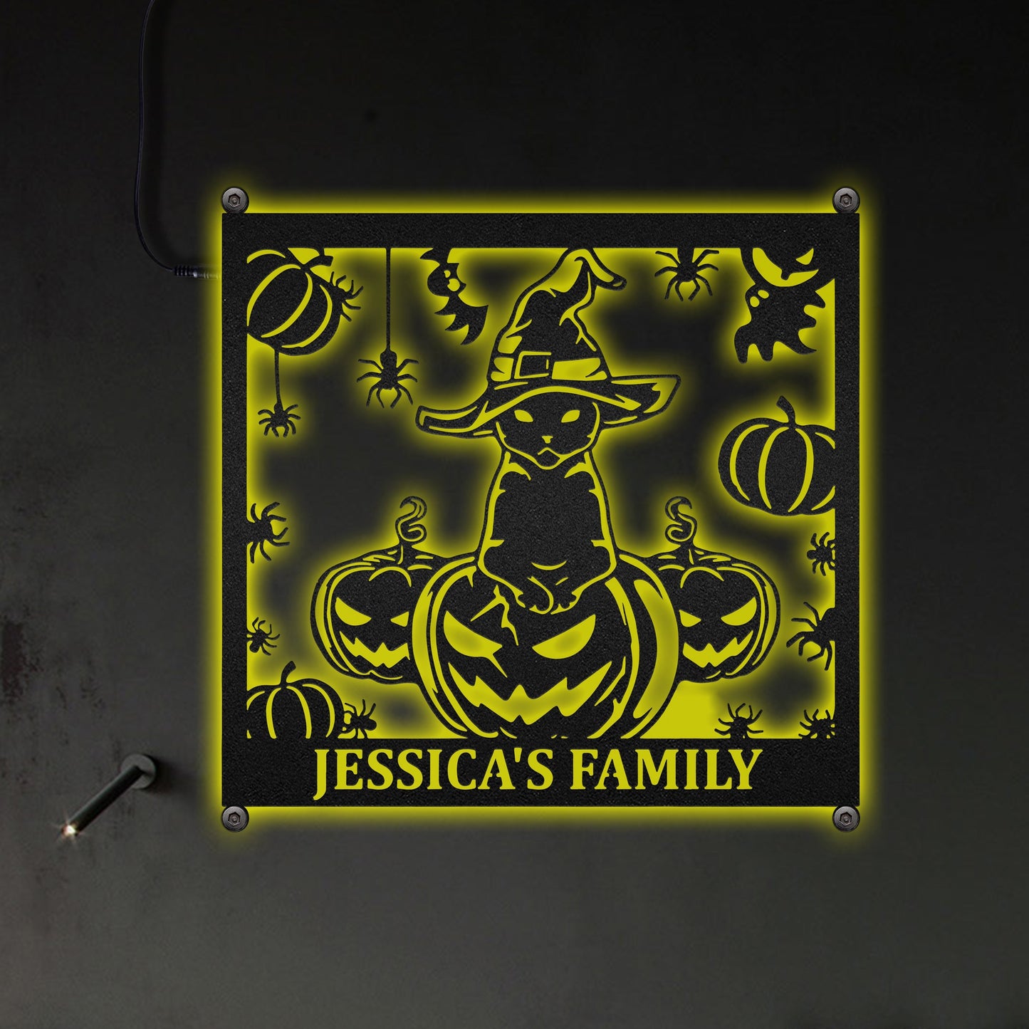 Cat Wizard With Pumpkin & Spinder Halloween Personalized - Led Light Metal - Owls Matrix LTD