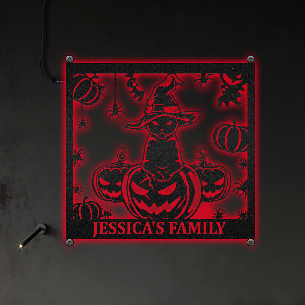 Cat Wizard With Pumpkin & Spinder Halloween Personalized - Led Light Metal - Owls Matrix LTD