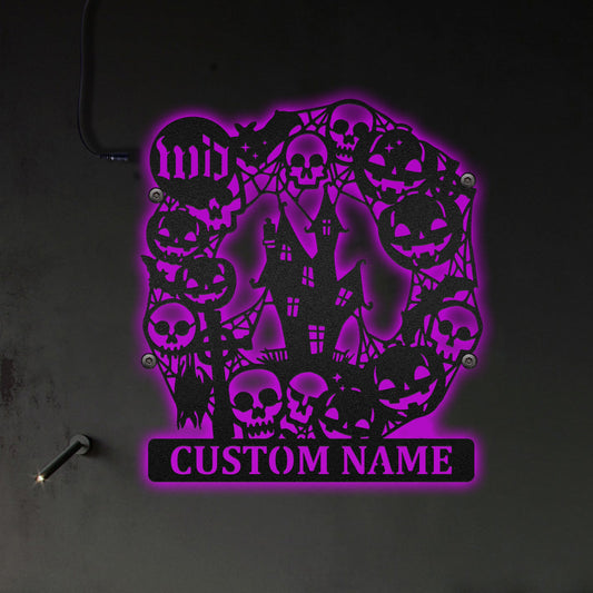 Halloween Haunted House Halloween Wreath Personalized - Led Light Metal - Owls Matrix LTD