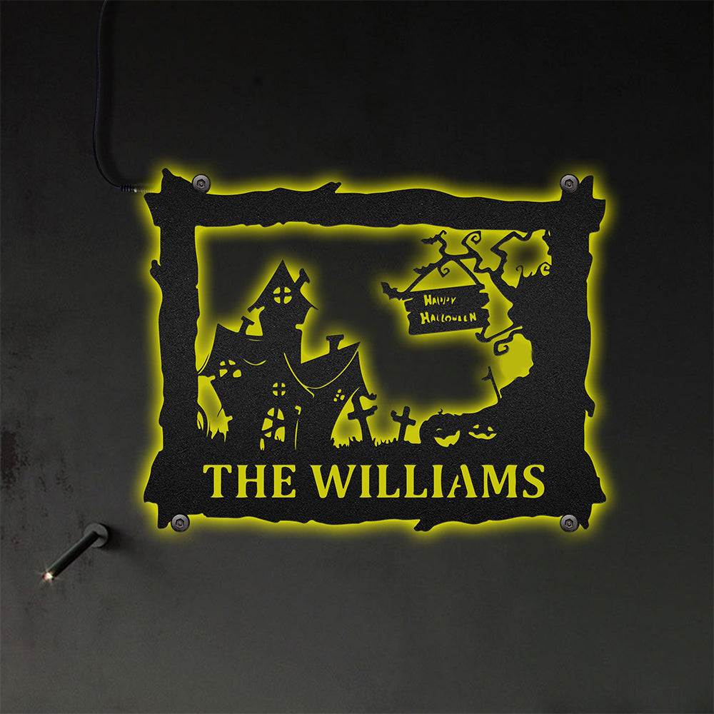 Halloween House Happy Halloween Personalized - Led Light Metal - Owls Matrix LTD