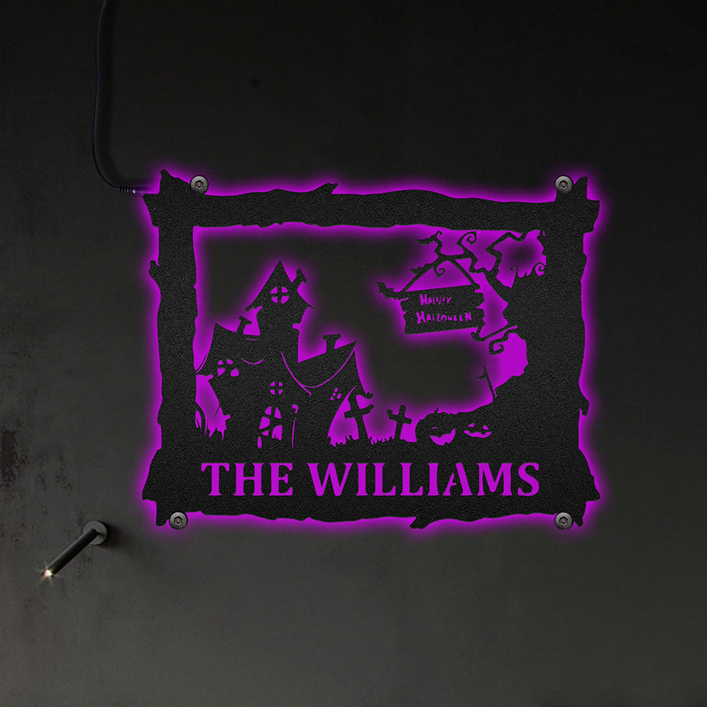 Halloween House Happy Halloween Personalized - Led Light Metal - Owls Matrix LTD