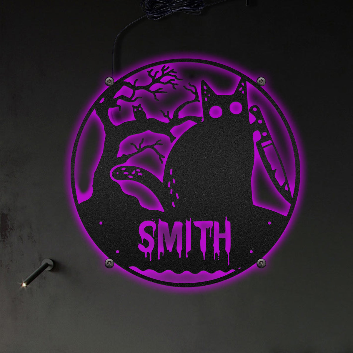 Halloween Spooky Black Cat Round Personalized - Led Light Metal - Owls Matrix LTD
