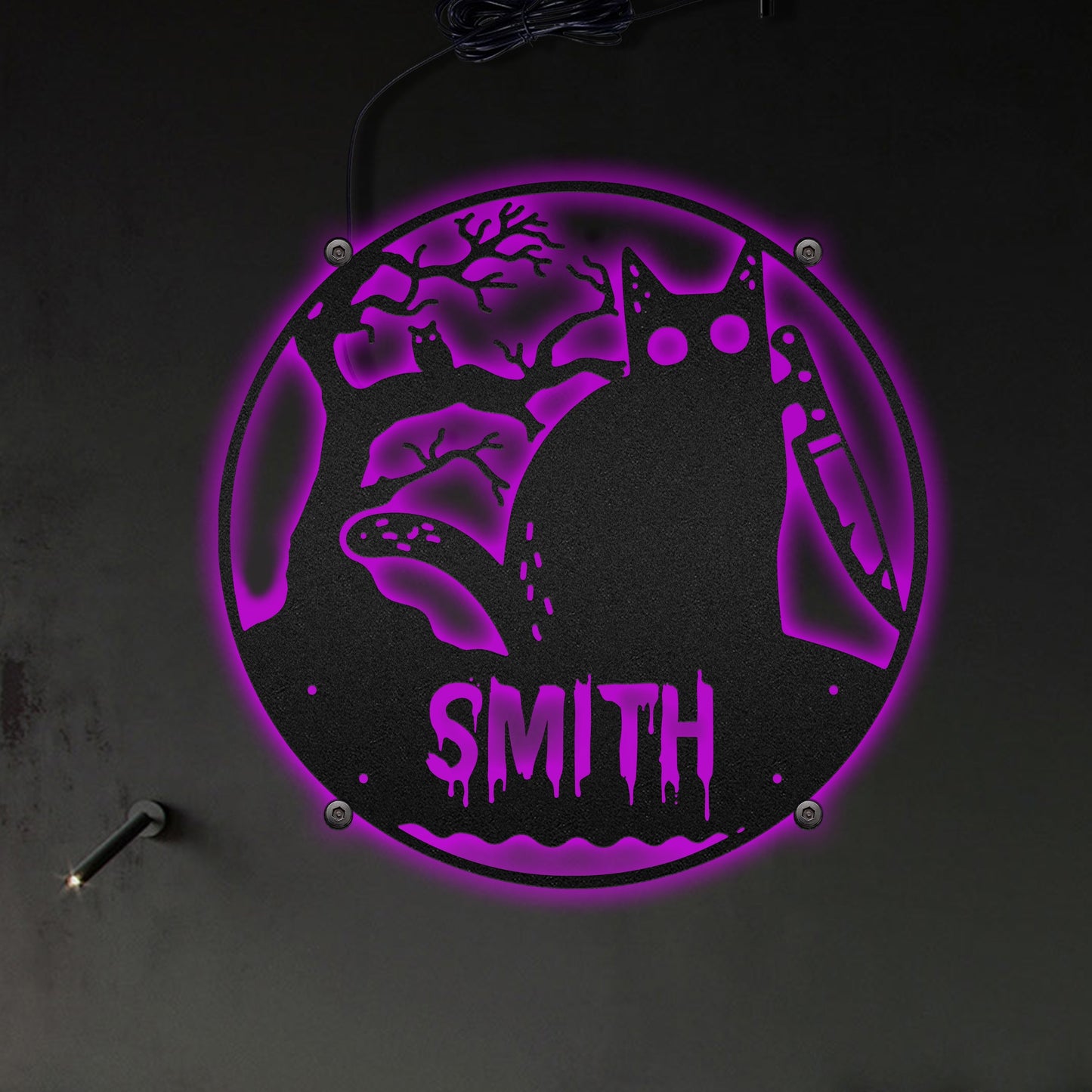 Halloween Spooky Black Cat Round Personalized - Led Light Metal - Owls Matrix LTD
