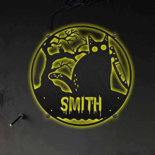 Halloween Spooky Black Cat Round Personalized - Led Light Metal - Owls Matrix LTD