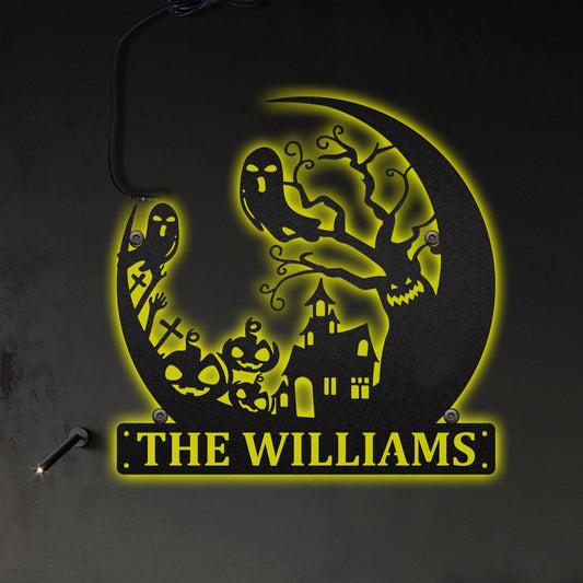 Halloween Spooky Tree and The Moon Personalized - Led Light Metal - Owls Matrix LTD