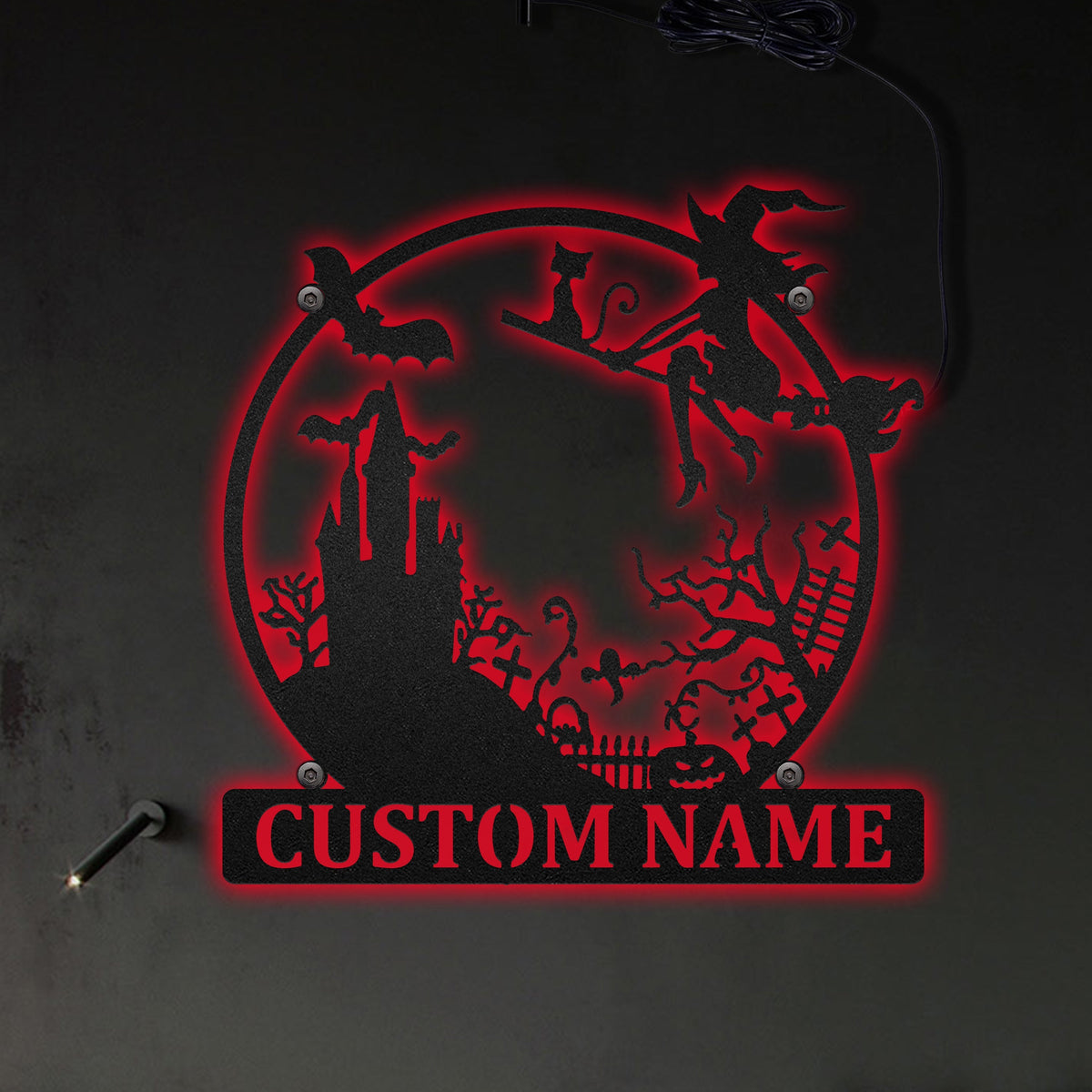Halloween Spooky Witch And The Castle Round Personalized - Led Light Metal - Owls Matrix LTD