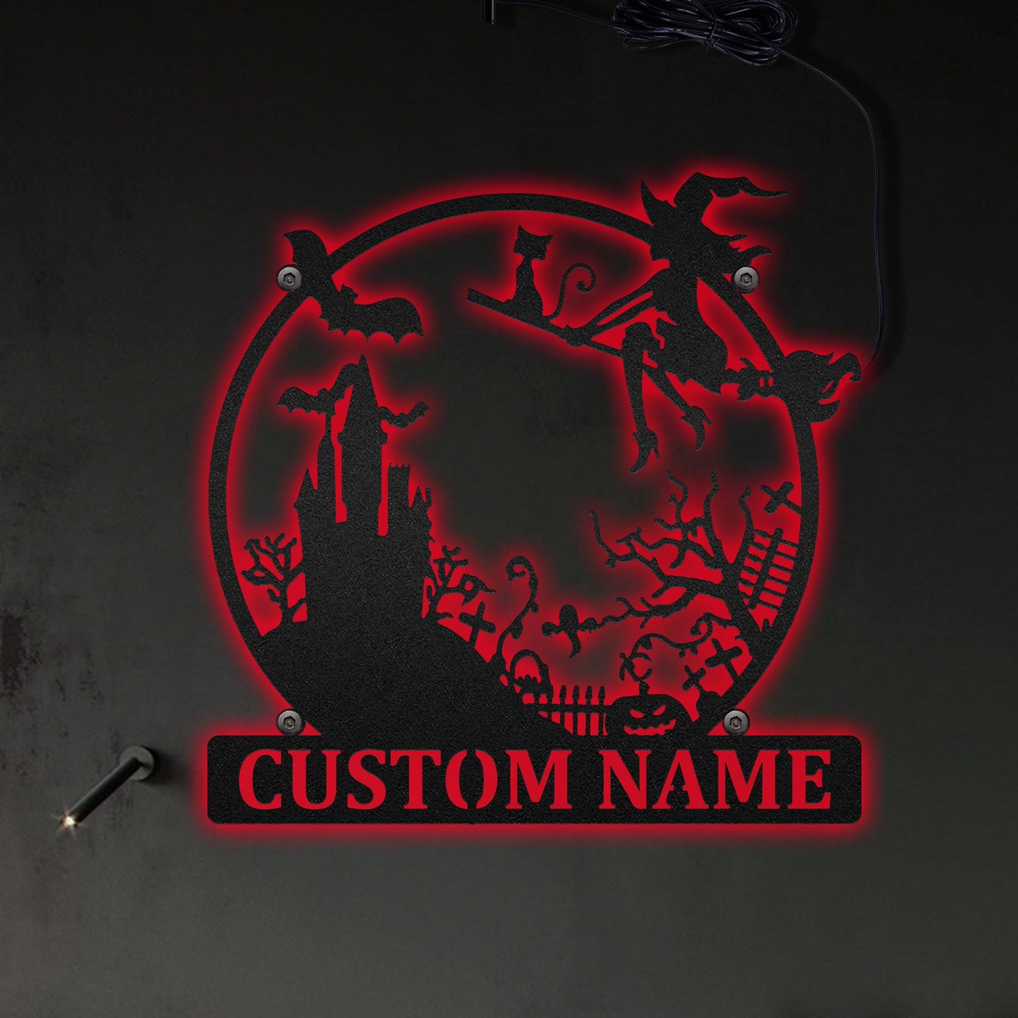 Halloween Spooky Witch And The Castle Round Personalized - Led Light Metal - Owls Matrix LTD