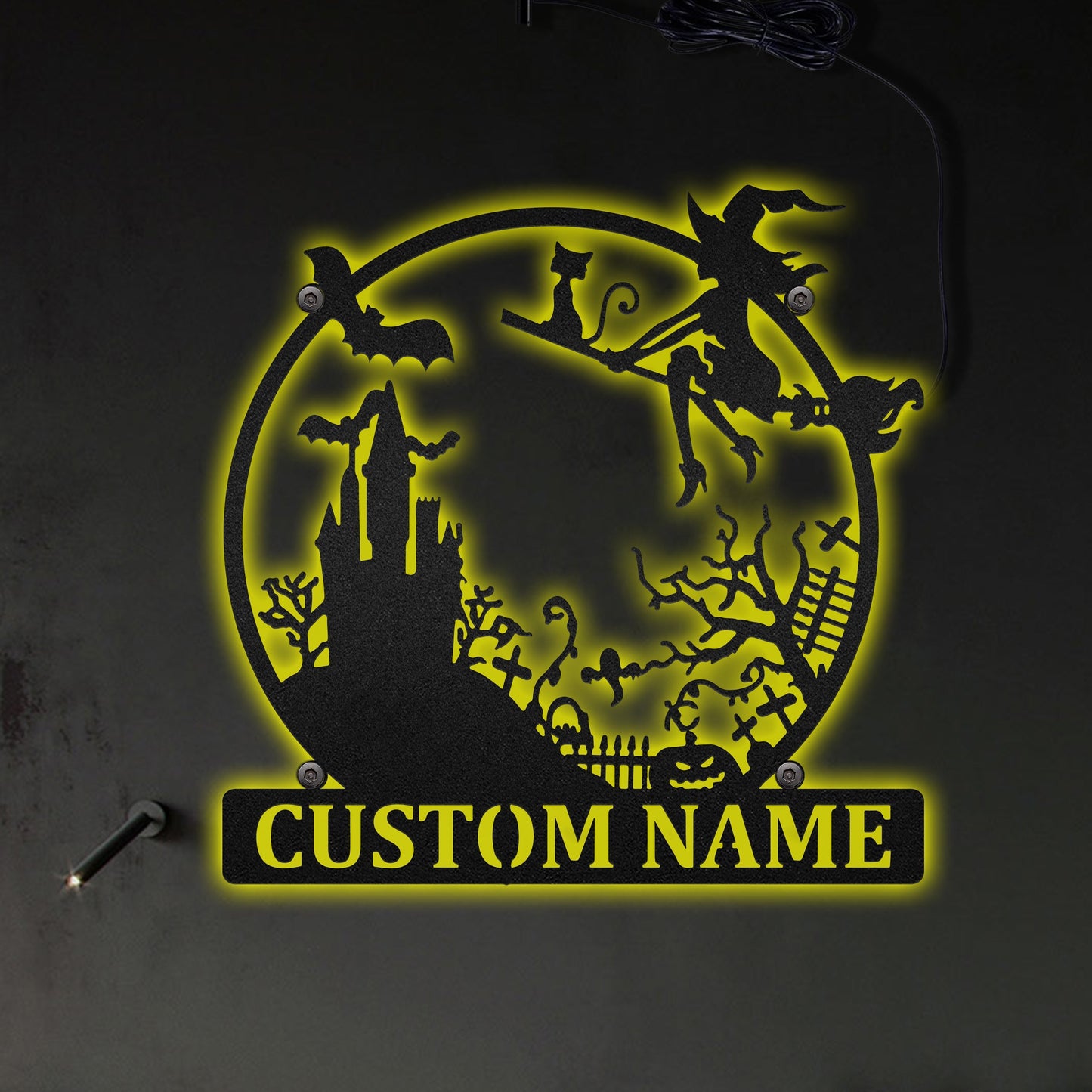 Halloween Spooky Witch And The Castle Round Personalized - Led Light Metal - Owls Matrix LTD