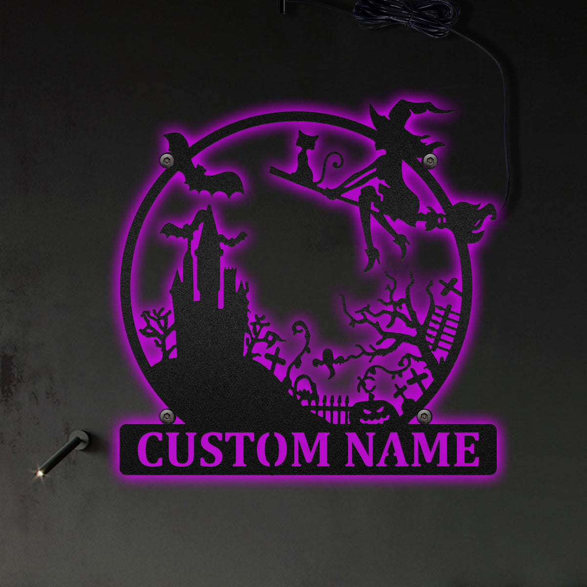 Halloween Spooky Witch And The Castle Round Personalized - Led Light Metal - Owls Matrix LTD