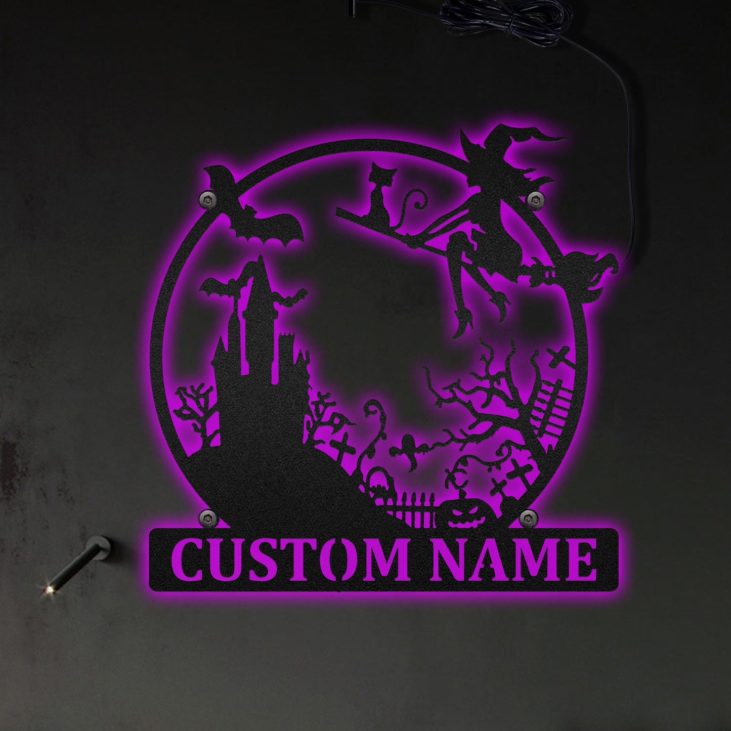 Halloween Spooky Witch And The Castle Round Personalized - Led Light Metal - Owls Matrix LTD